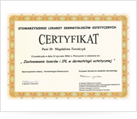 Certyfikat - Zastosowanie laserów i IPL w dermatologii estetycznej